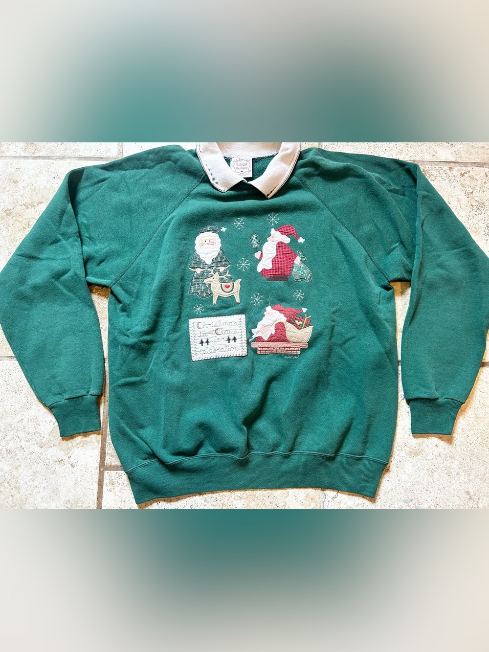 Valorie's Folk Art Applique Sweatshirt XL Green Christmas Vintage Excellent